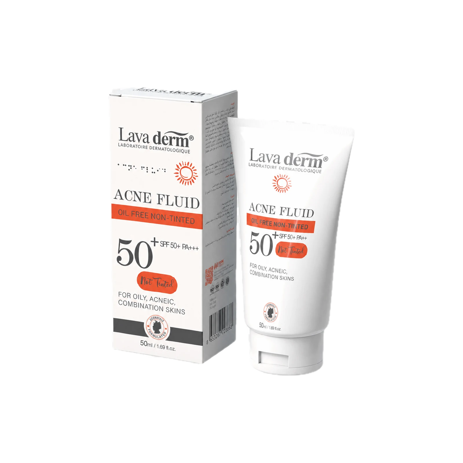علبة وأنبوب فلويد لافا ديرم للبشرة المعرّضة للحبوب SPF 50+ PA+++ خالٍ من الزيوت وغير ملون، 50 مل