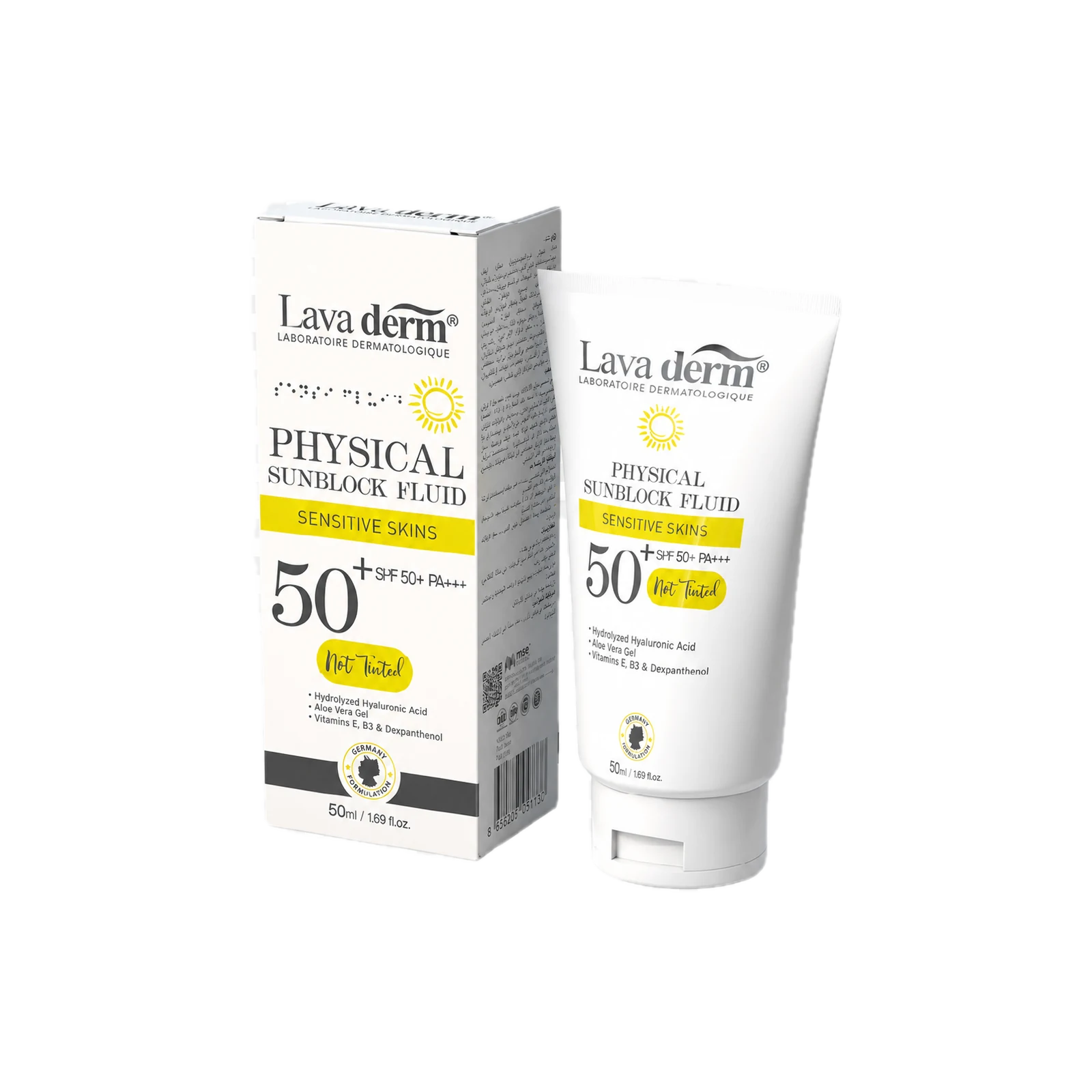 علبة وأنبوب فلويد لافا ديرم الفيزيائي للوقاية من الشمس SPF 50+ PA+++ غير ملون، 50 مل